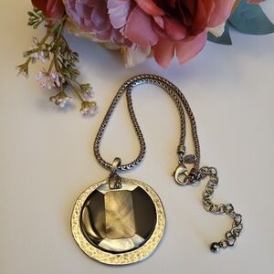 Chico's Necklace Round Hammered Statement Pendant Silvertone Snake Chain 16"